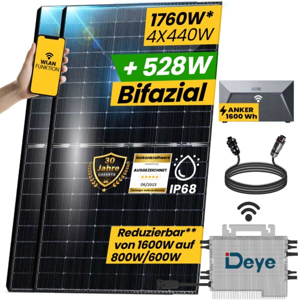 1760W Balkonkraftwerk 1600W mit Speicher Photovoltaik Solaranlage mit Deye 1600W Wifi Smart Mini PV Anlage - Epp Solar