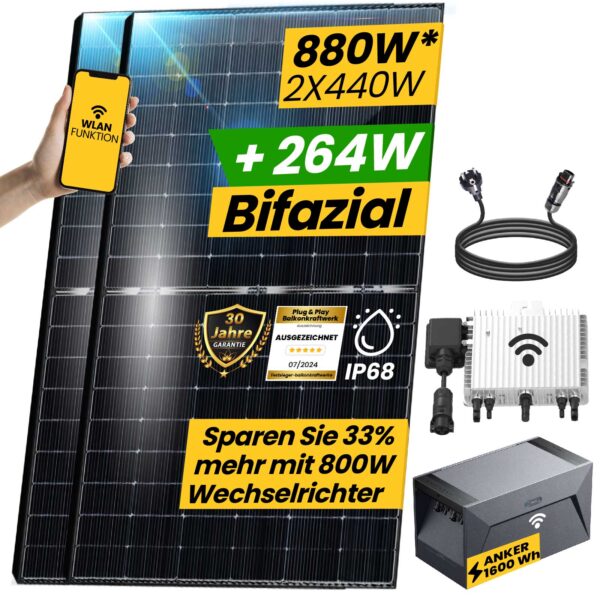 Balkonkraftwerk mit Speicher Komplettset 880W Bifazial | Wechselrichter 800W | Photovoltaik Solaranlage mit 1,6 kWh Solarspeicher von Anker