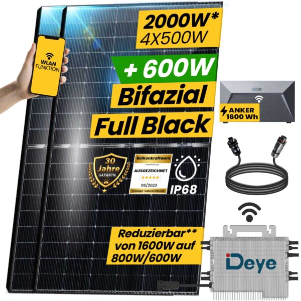 2000W Balkonkraftwerk 1600W mit Speicher Photovoltaik Solaranlage mit Deye 1600W Wifi Smart Mini PV Anlage - Epp Solar