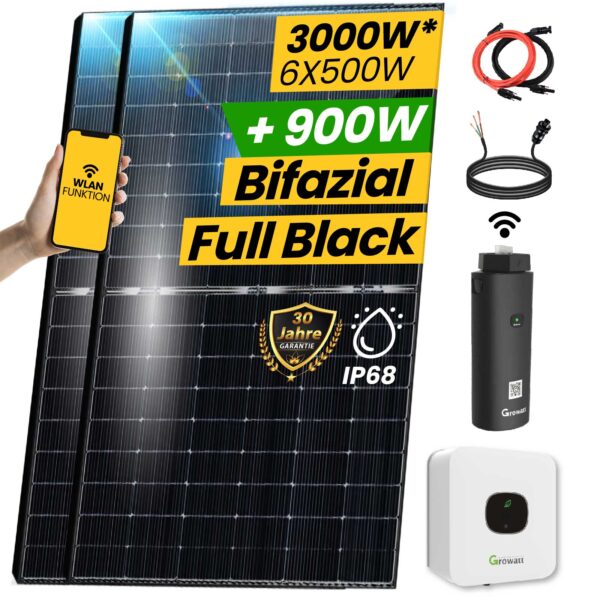 3000W Solaranlage Bifazial 3000W Photovoltaik Anlage mit Growatt MIC 3000 TL-X WIFI Wechselrichter Smart Mini PV Anlage